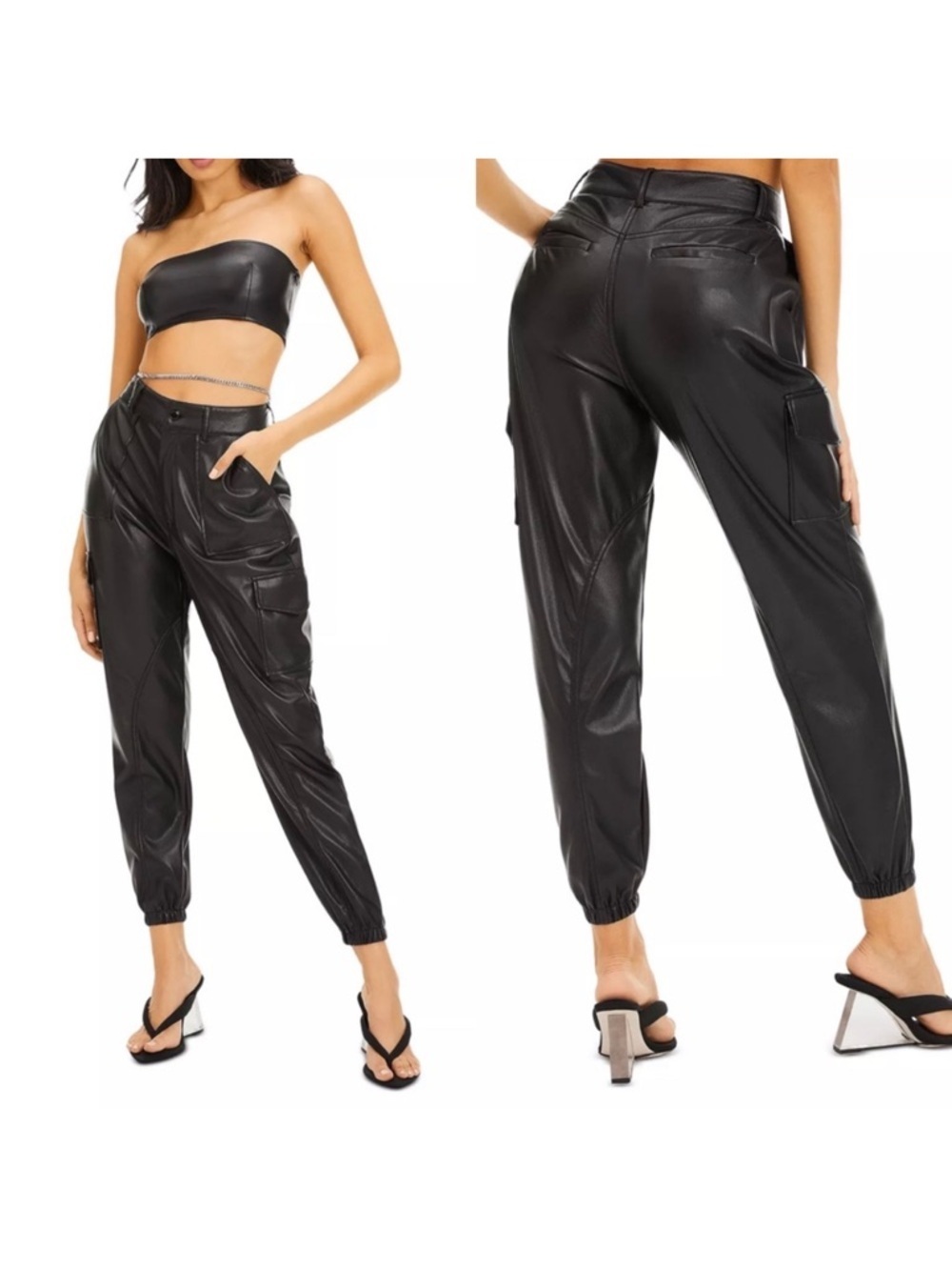 Good American Pants Womens 30 10 Black High Rise Faux Leather Cargo Jogger